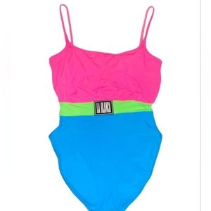 L VTG 80s La Blanca Neon Colorblock High Cut Swimsuit